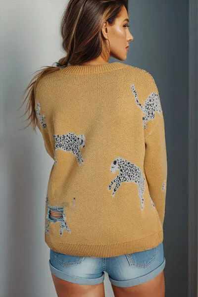 Animal Element Round Neck Dropped Shoulder Sweater