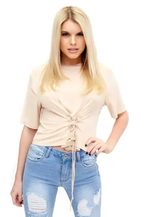 Bennie - Beige Front Lace Tie Up Crop Tops