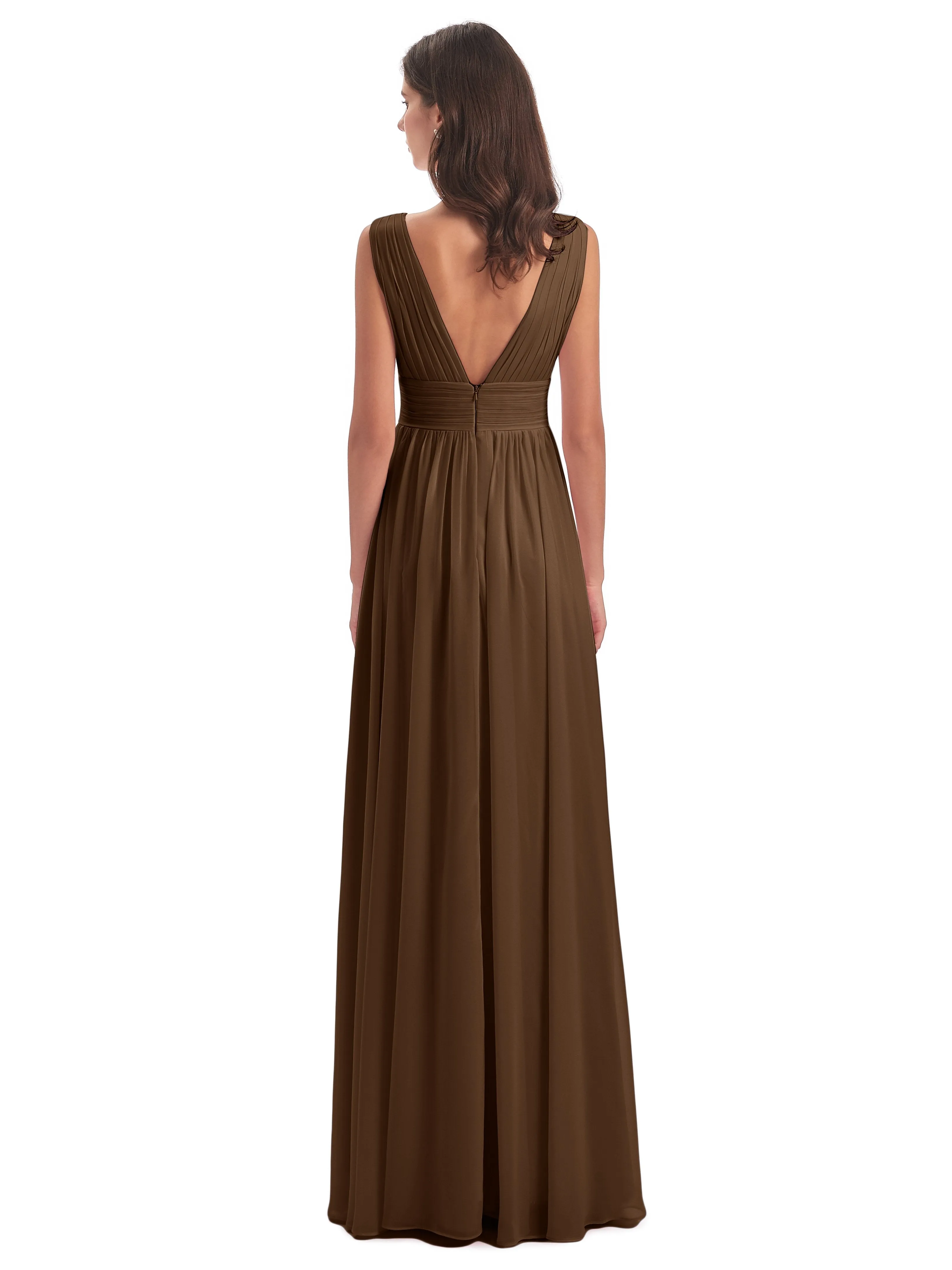 Bridesmaid Dresses Brown Charming Chiffon V Neck Split Long Bridesmaid Dresses