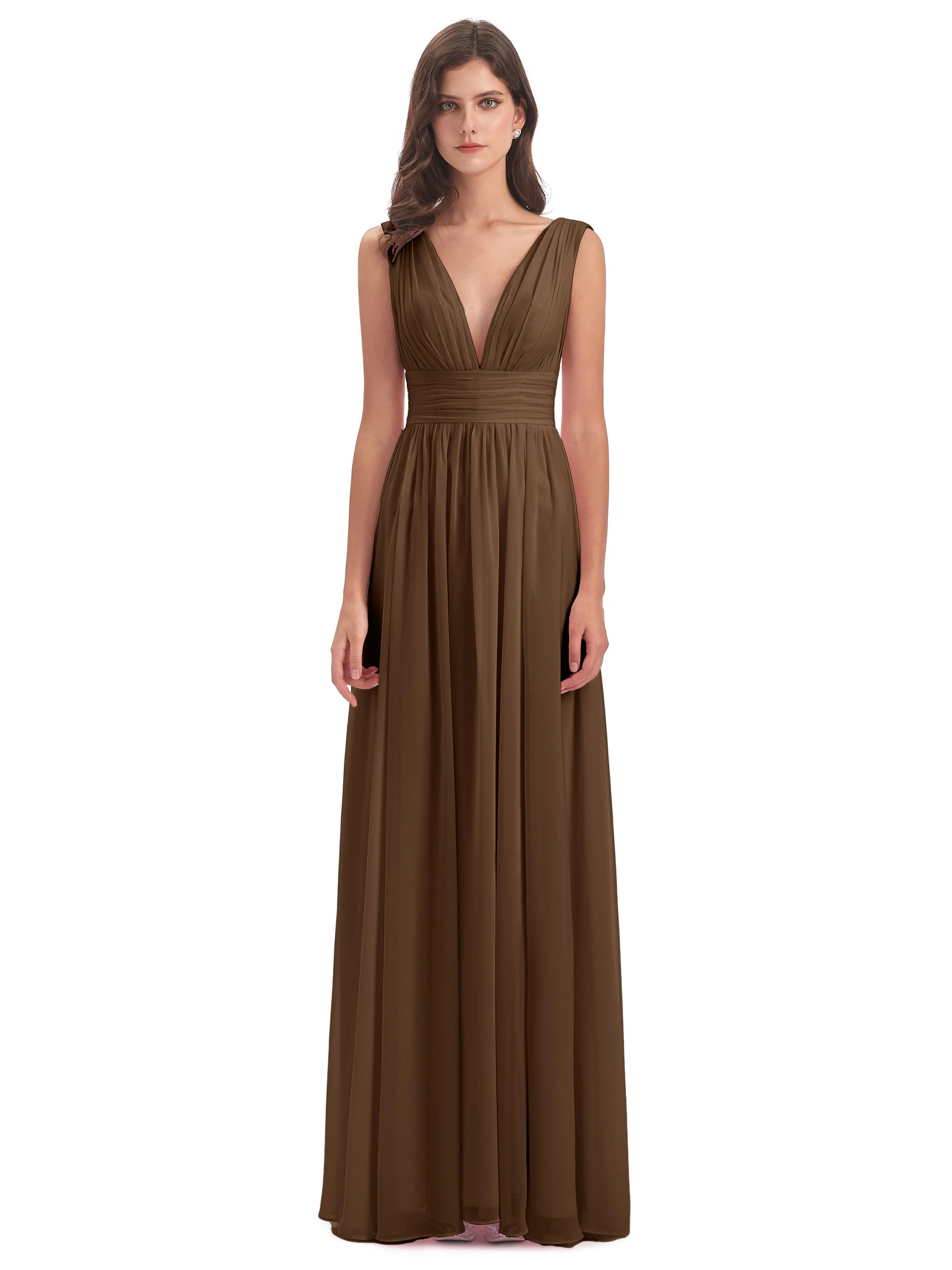 Bridesmaid Dresses Brown Charming Chiffon V Neck Split Long Bridesmaid Dresses