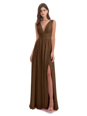 Bridesmaid Dresses Brown Charming Chiffon V Neck Split Long Bridesmaid Dresses