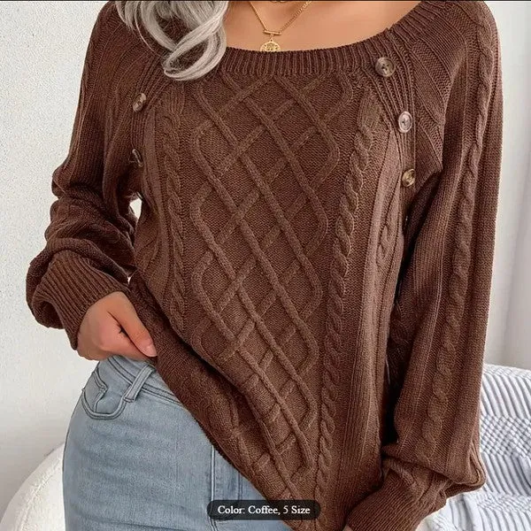 Cable knit preppy button round square  top sweater