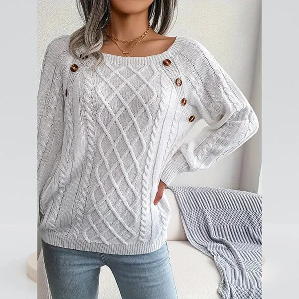 Cable knit preppy button round square  top sweater