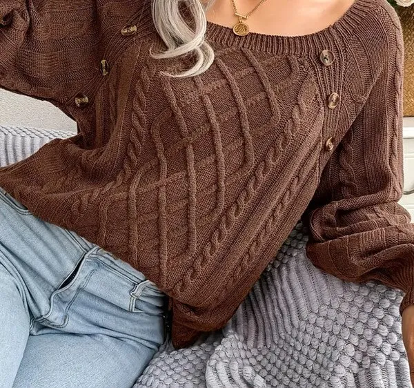 Cable knit preppy button round square  top sweater