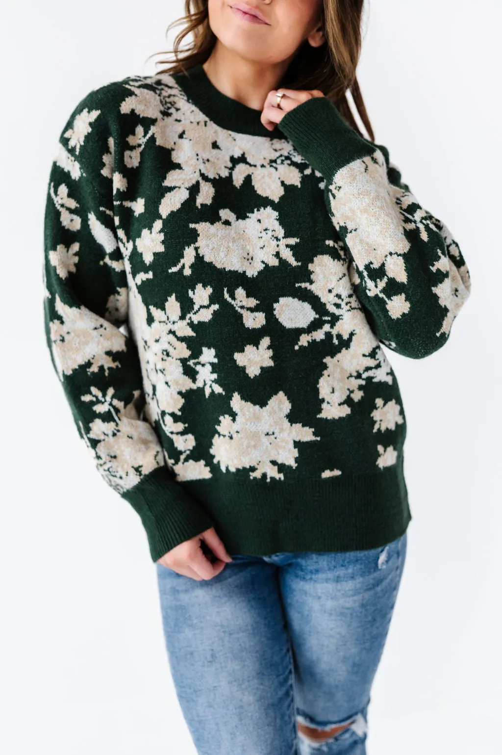 Calla Floral Knit Sweater in Green - Size Small Left