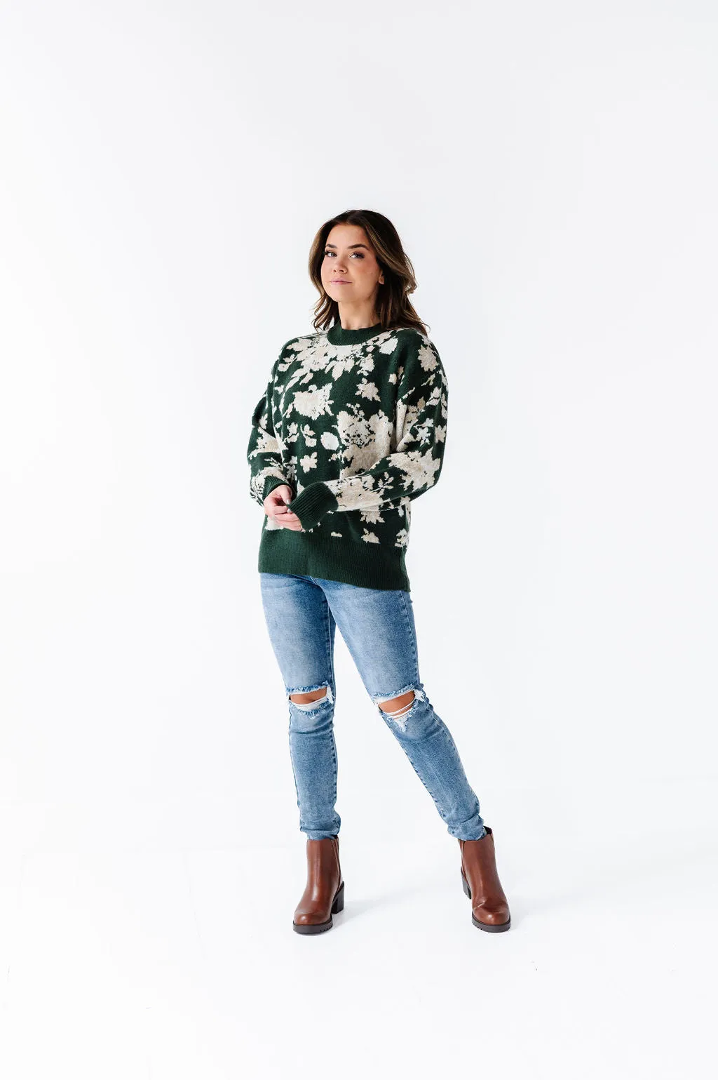 Calla Floral Knit Sweater in Green - Size Small Left