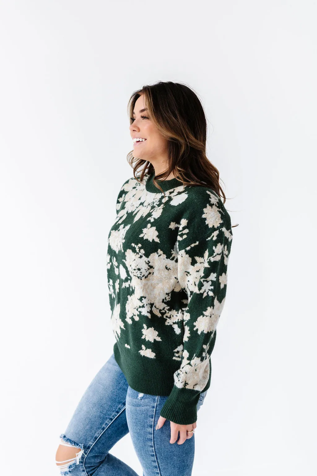 Calla Floral Knit Sweater in Green - Size Small Left