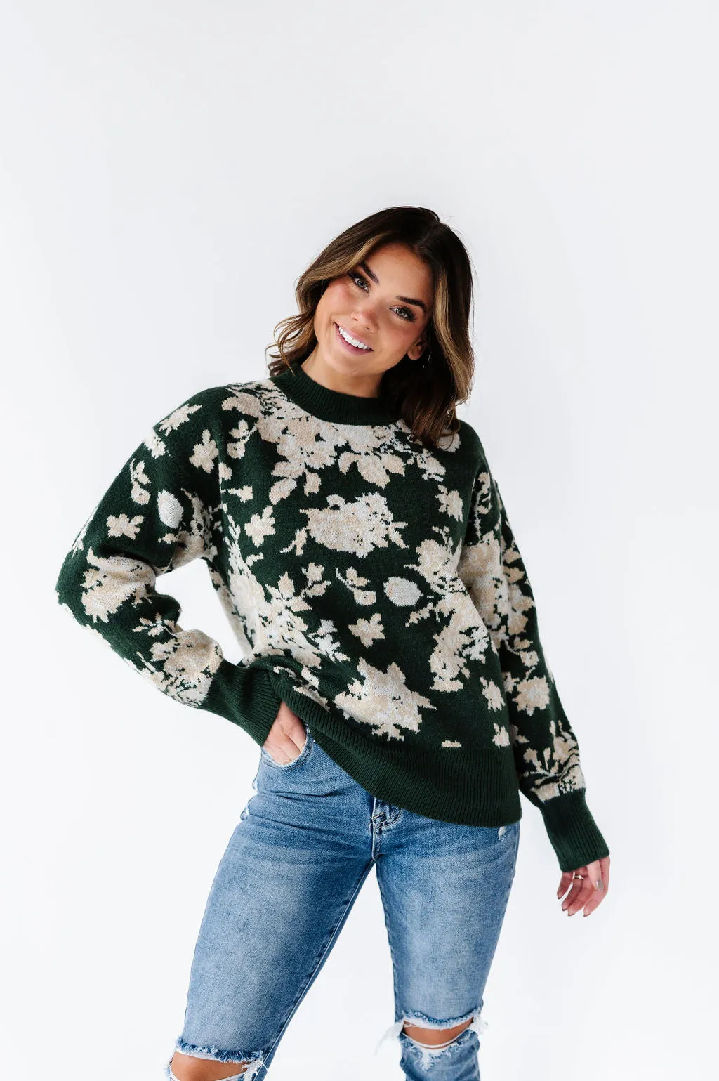 Calla Floral Knit Sweater in Green - Size Small Left