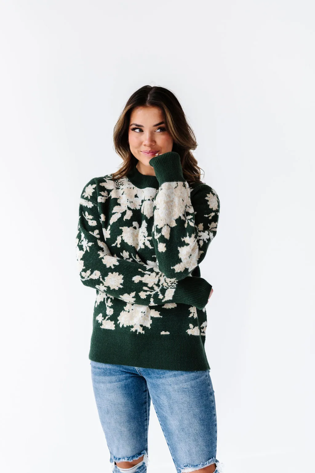 Calla Floral Knit Sweater in Green - Size Small Left