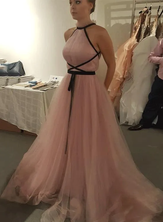 Chic Pink Tulle A Line Cheap Long Prom Dress,Evening Dresses PFP0166