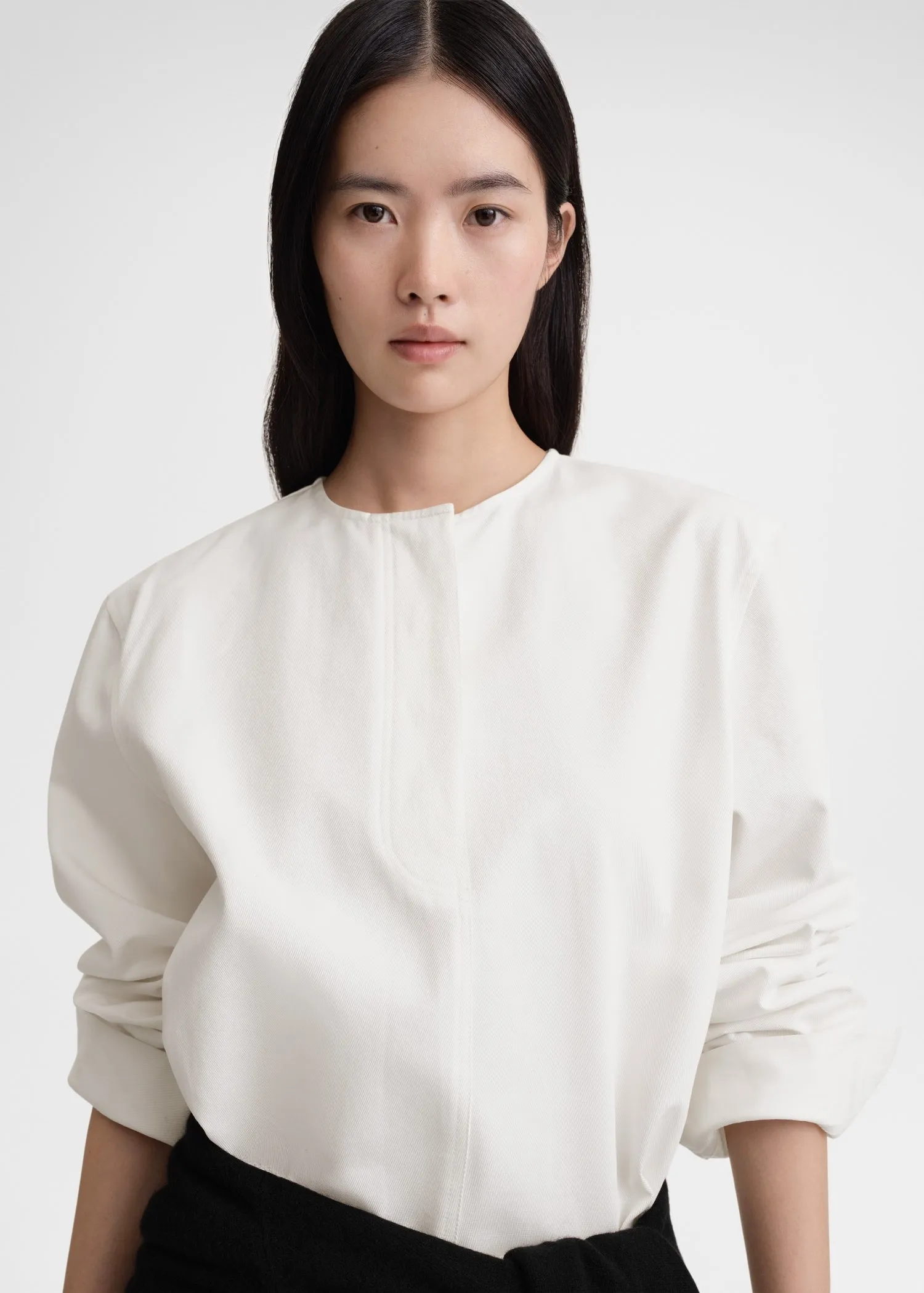 Collarless cotton-twill shirt white