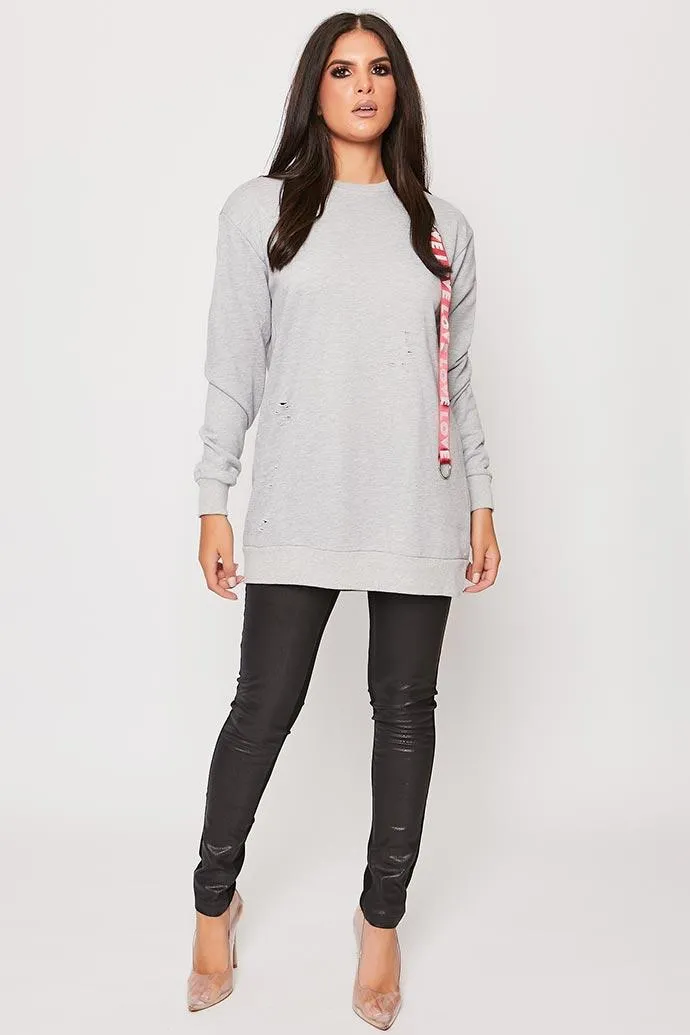 Daysie - Grey Oversized Love Ribbon Trim Jumper