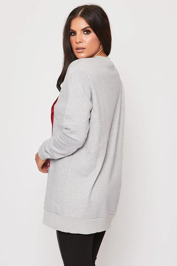 Daysie - Grey Oversized Love Ribbon Trim Jumper