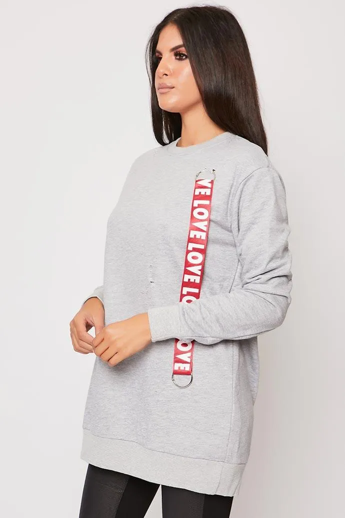 Daysie - Grey Oversized Love Ribbon Trim Jumper