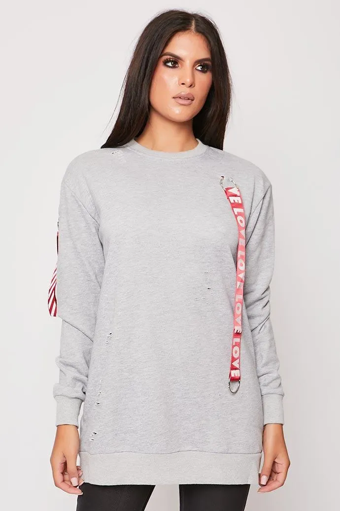 Daysie - Grey Oversized Love Ribbon Trim Jumper