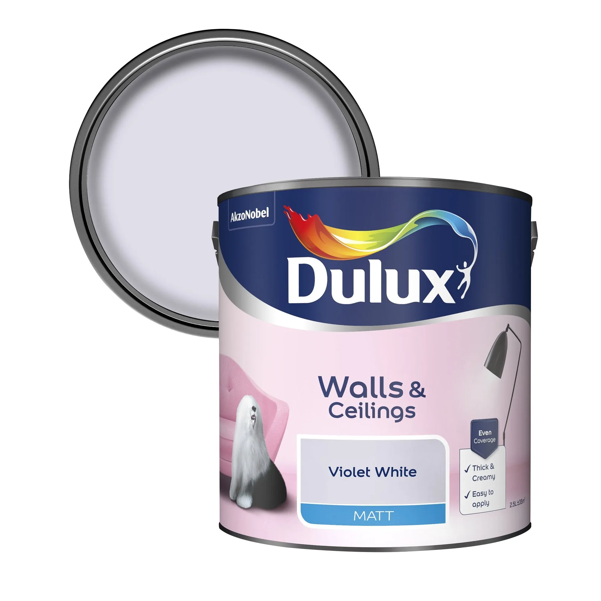 Dulux Matt Emulsion Paint For Walls And Ceilings - Violet White 2.5L