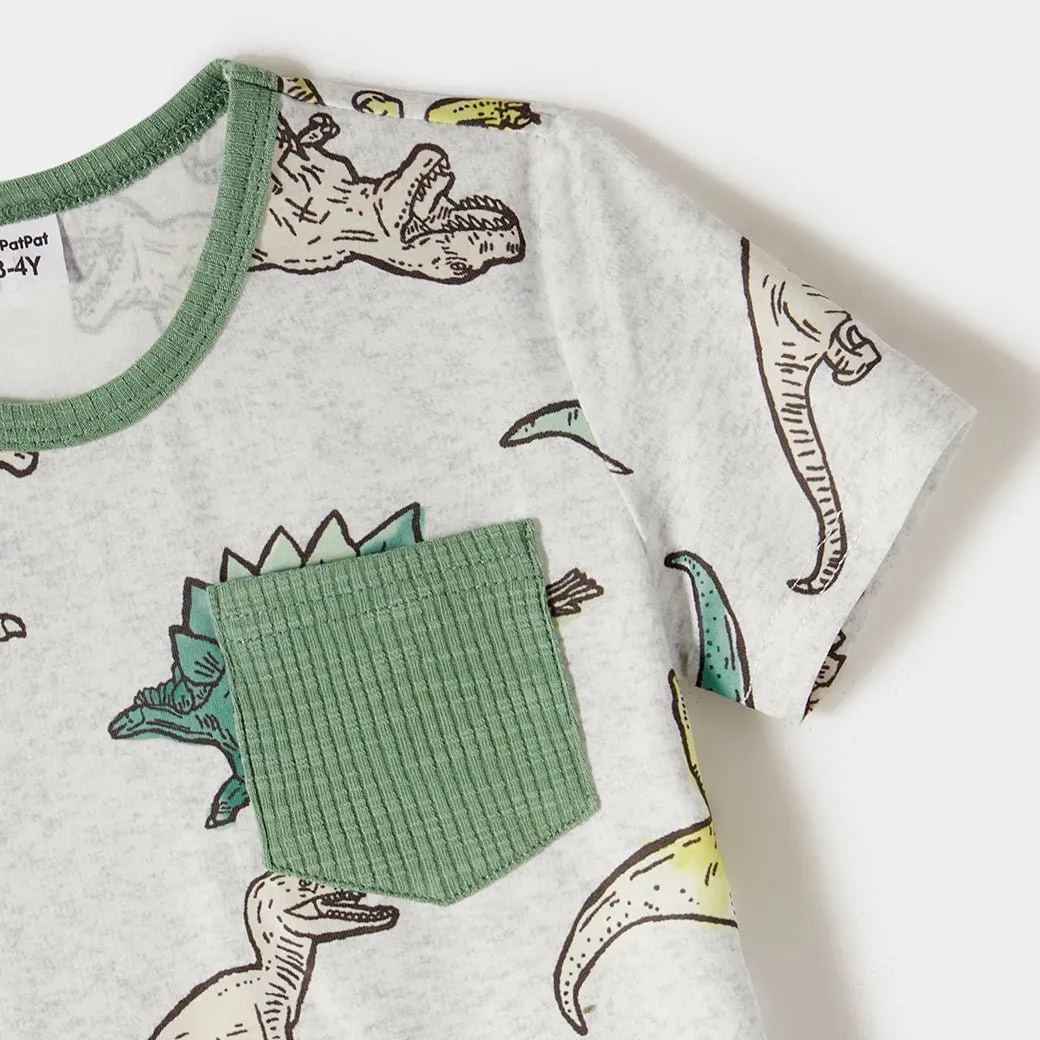 Family Matching Outfits Belted Spliced Dinosaur Printed Dresses and T-Shirts