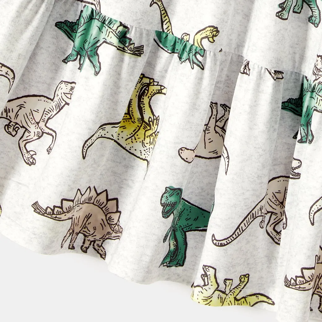 Family Matching Outfits Belted Spliced Dinosaur Printed Dresses and T-Shirts