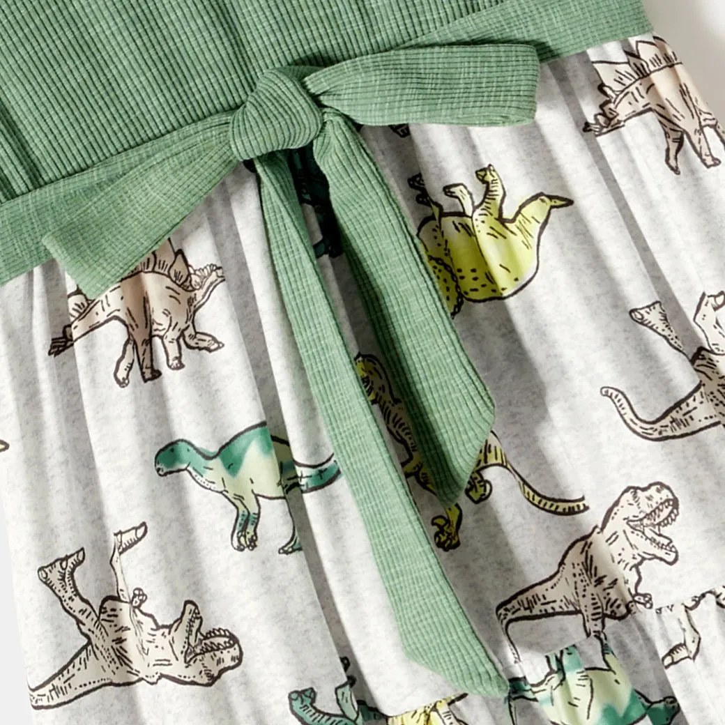 Family Matching Outfits Belted Spliced Dinosaur Printed Dresses and T-Shirts