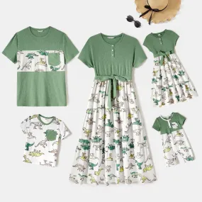 Family Matching Outfits Belted Spliced Dinosaur Printed Dresses and T-Shirts