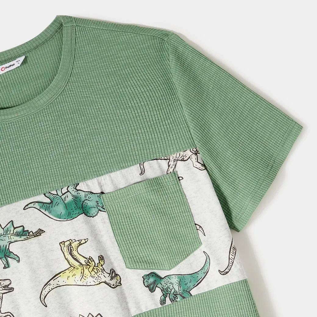 Family Matching Outfits Belted Spliced Dinosaur Printed Dresses and T-Shirts