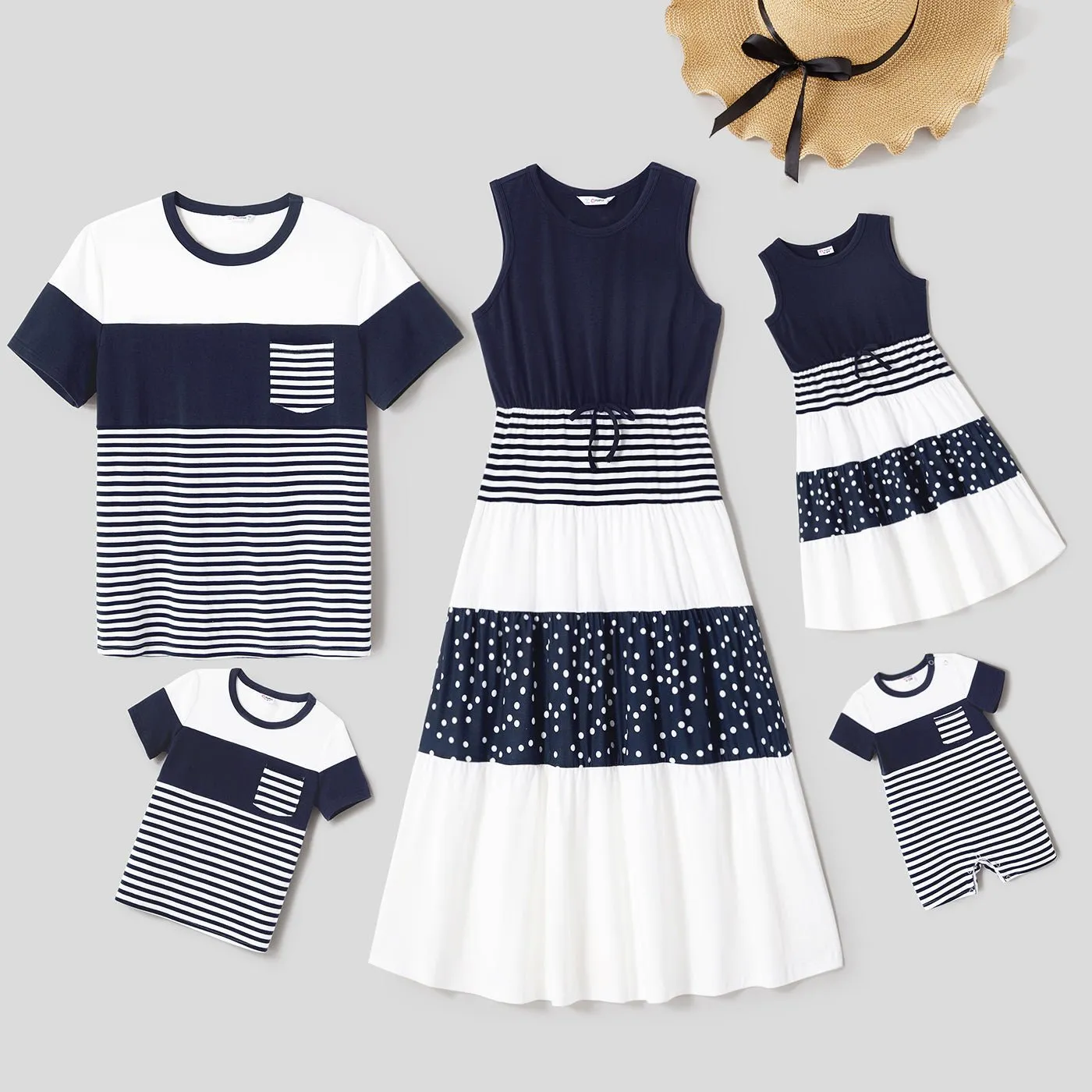 Family Matching Solid Spaghetti Strap Dresses and Striped Colorblock Short-sleeve T-shirts Sets