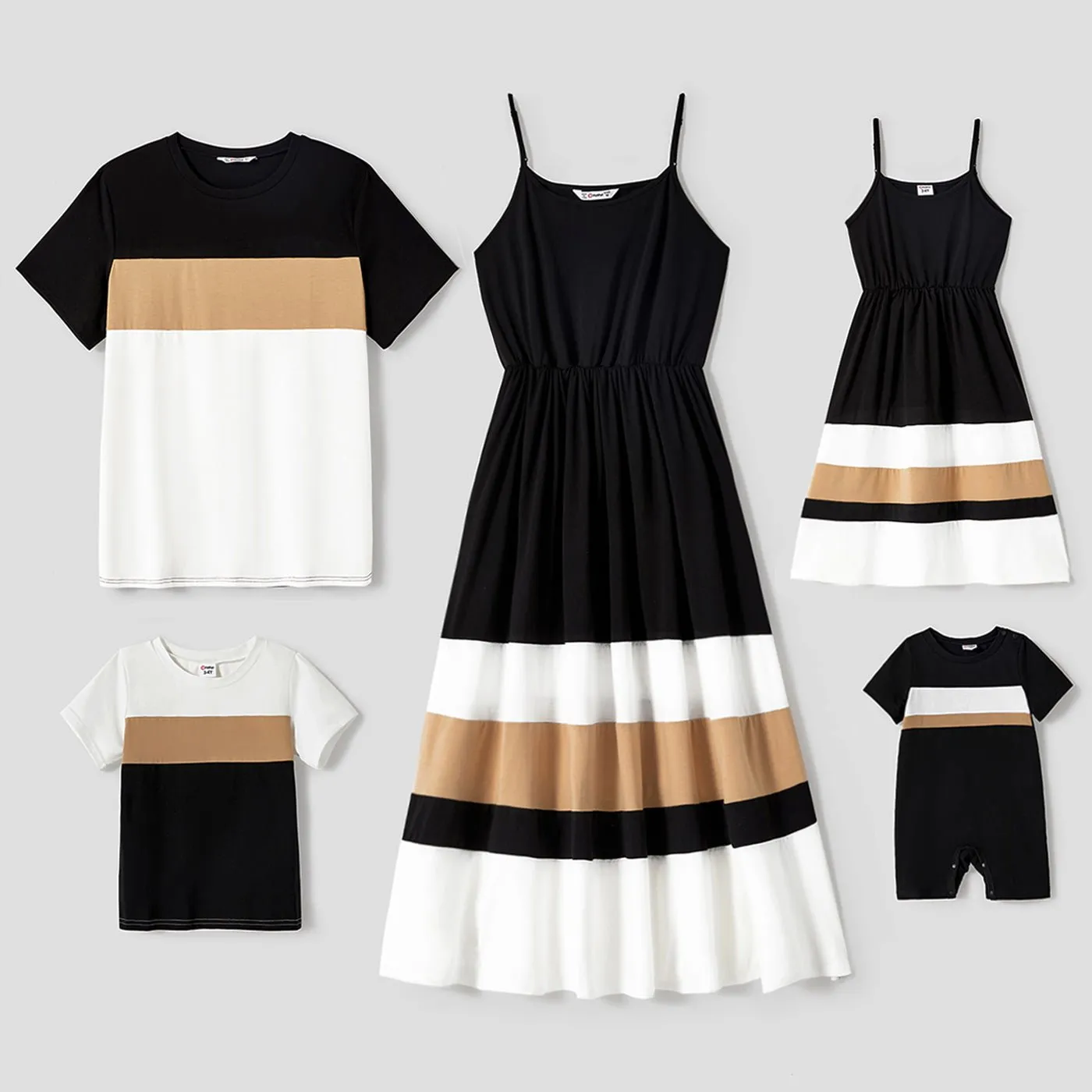 Family Matching Solid Spaghetti Strap Dresses and Striped Colorblock Short-sleeve T-shirts Sets