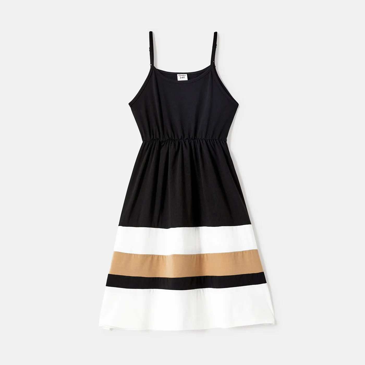 Family Matching Solid Spaghetti Strap Dresses and Striped Colorblock Short-sleeve T-shirts Sets