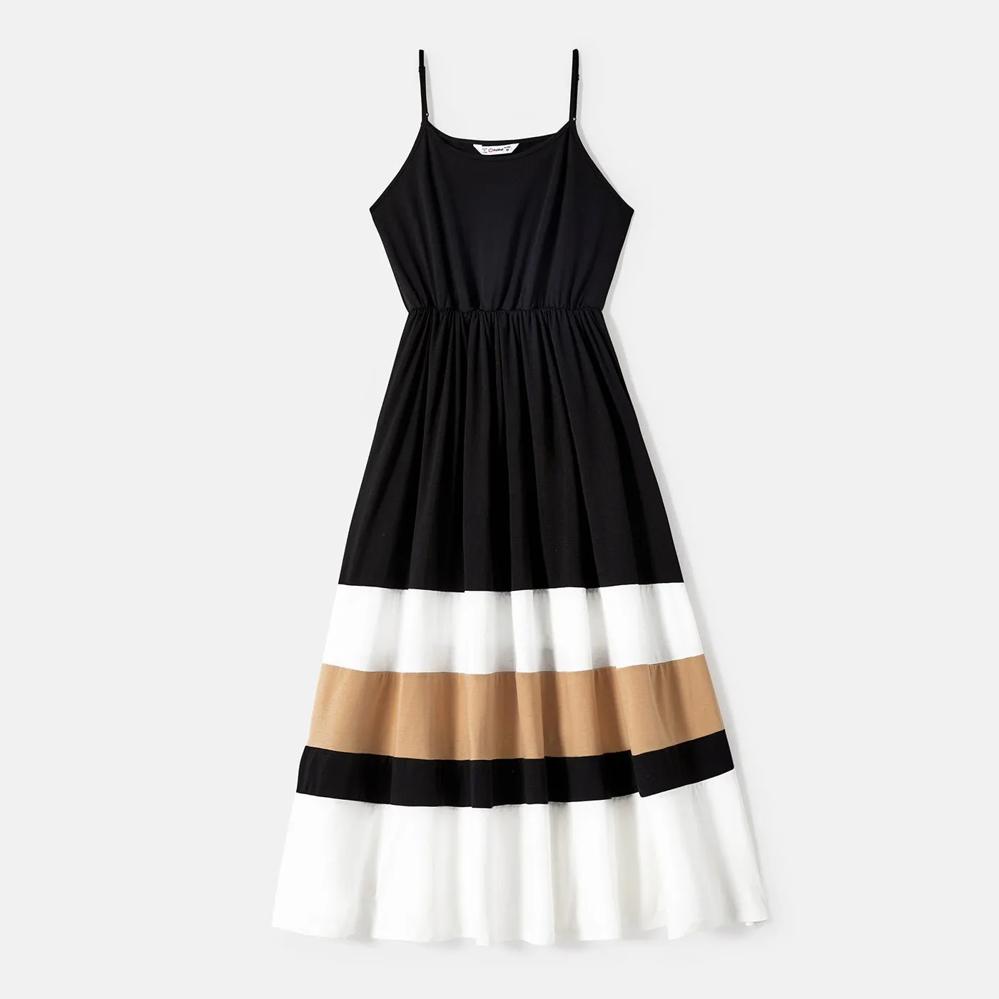 Family Matching Solid Spaghetti Strap Dresses and Striped Colorblock Short-sleeve T-shirts Sets