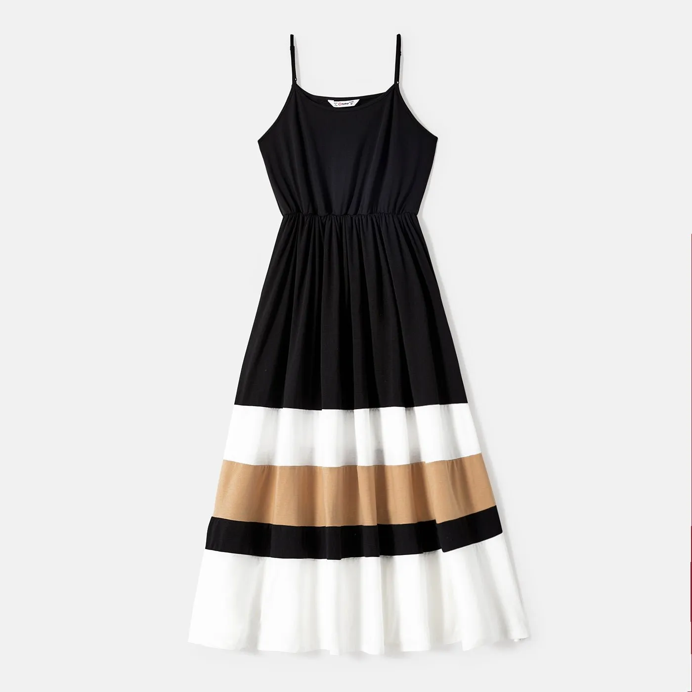 Family Matching Solid Spaghetti Strap Dresses and Striped Colorblock Short-sleeve T-shirts Sets