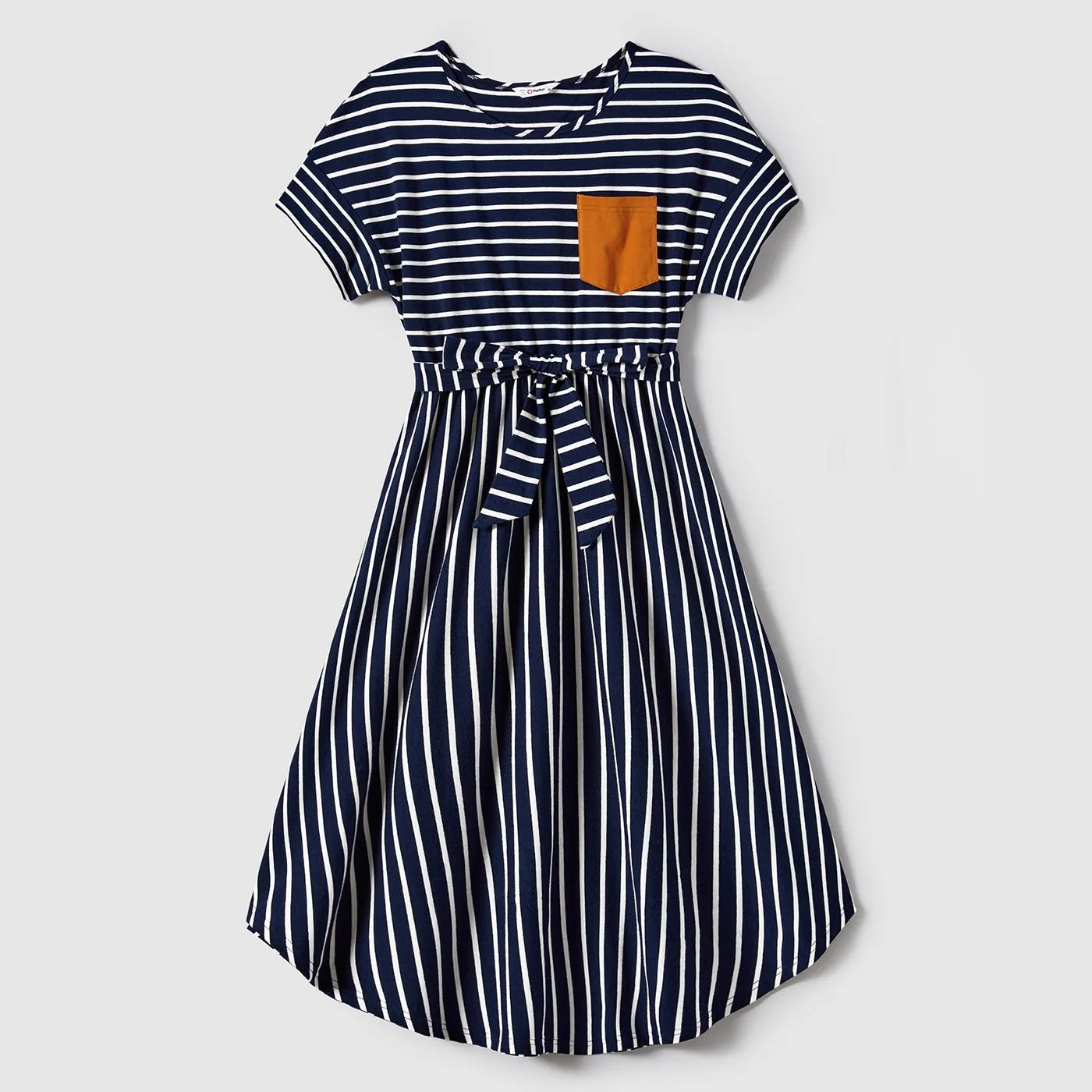 Family Matching Stripe Patched Pocket Belted Dresses and Colorblock Striped T-shirts Sets