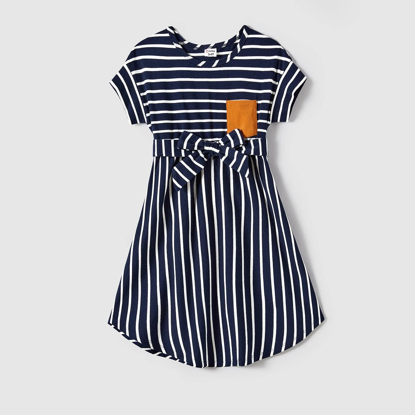 Family Matching Stripe Patched Pocket Belted Dresses and Colorblock Striped T-shirts Sets