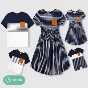 Family Matching Stripe Patched Pocket Belted Dresses and Colorblock Striped T-shirts Sets