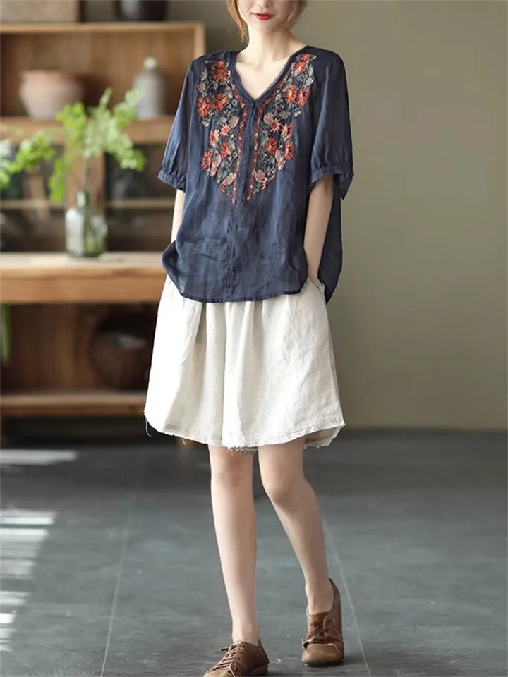 Female Cozy Floral Embroidered V-neck Shirts