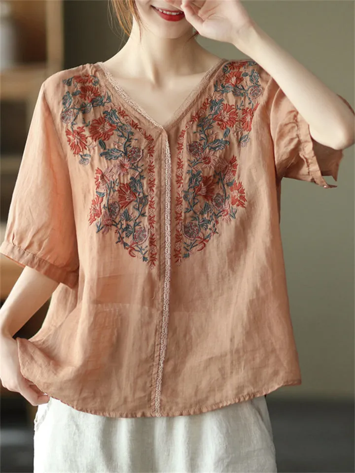 Female Cozy Floral Embroidered V-neck Shirts