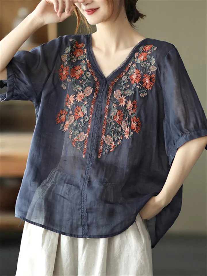 Female Cozy Floral Embroidered V-neck Shirts