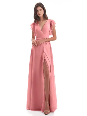 Flamingo Bridesmaid Dress Hope Charming V Neck Long Chiffon Bridesmaid Dresses