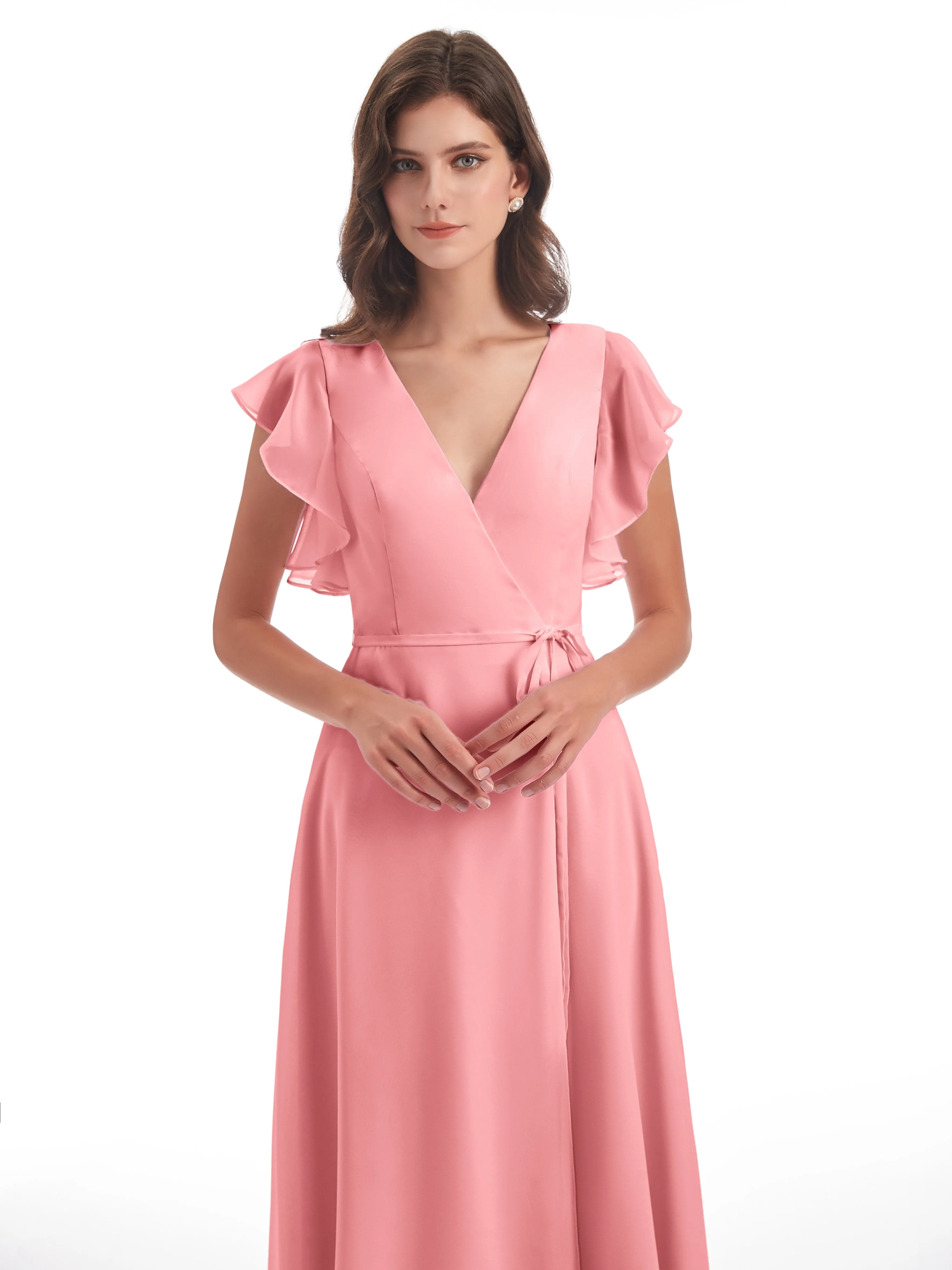 Flamingo Bridesmaid Dress Hope Charming V Neck Long Chiffon Bridesmaid Dresses