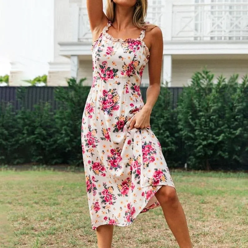 Floral Print Ruffle Sleeveless High Waist Summer Boho Dress