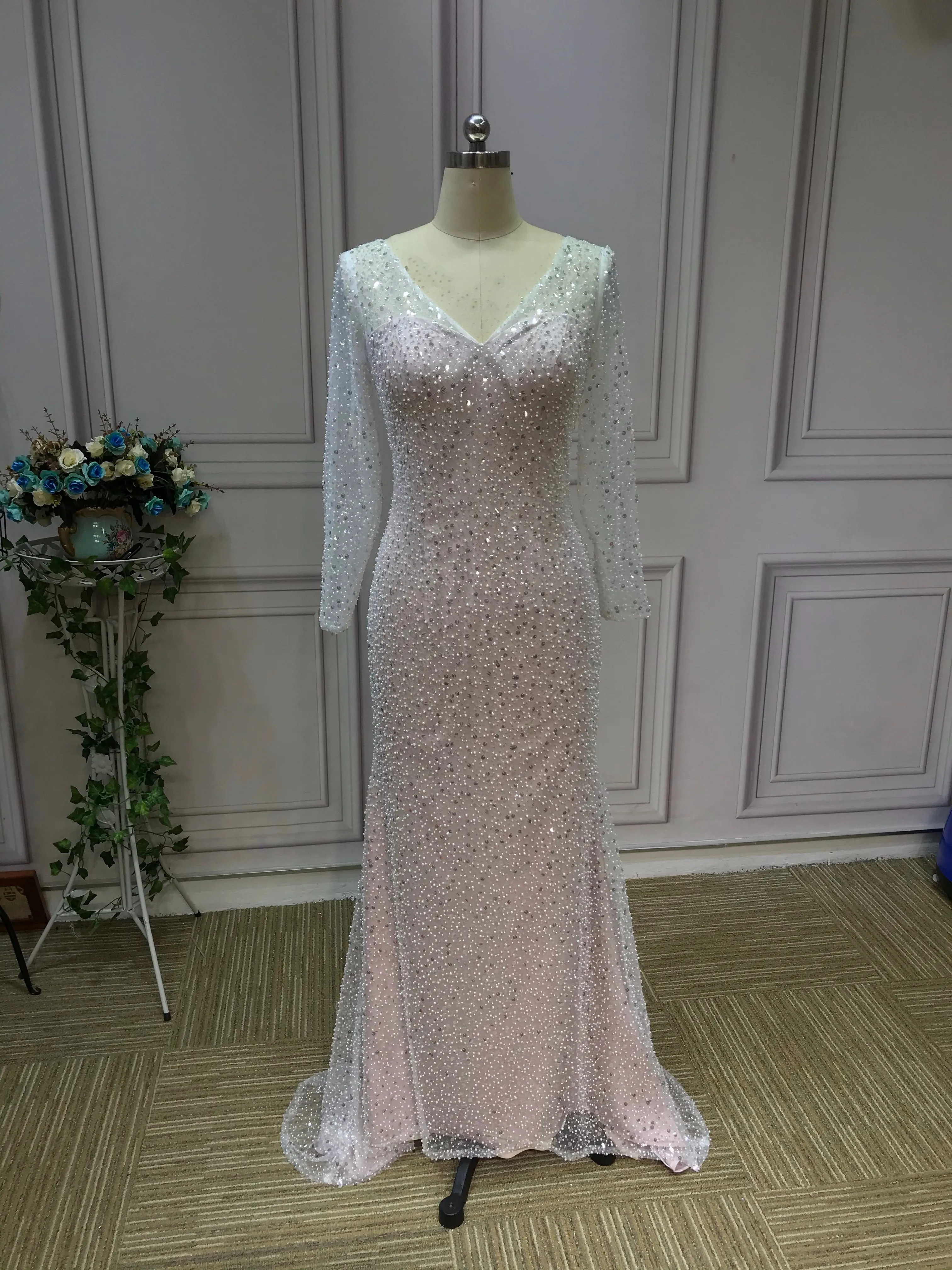 Gorgeous long sleeves heavy beaded sequins pearls dusty pink mermaid wedding dress 2021#112206