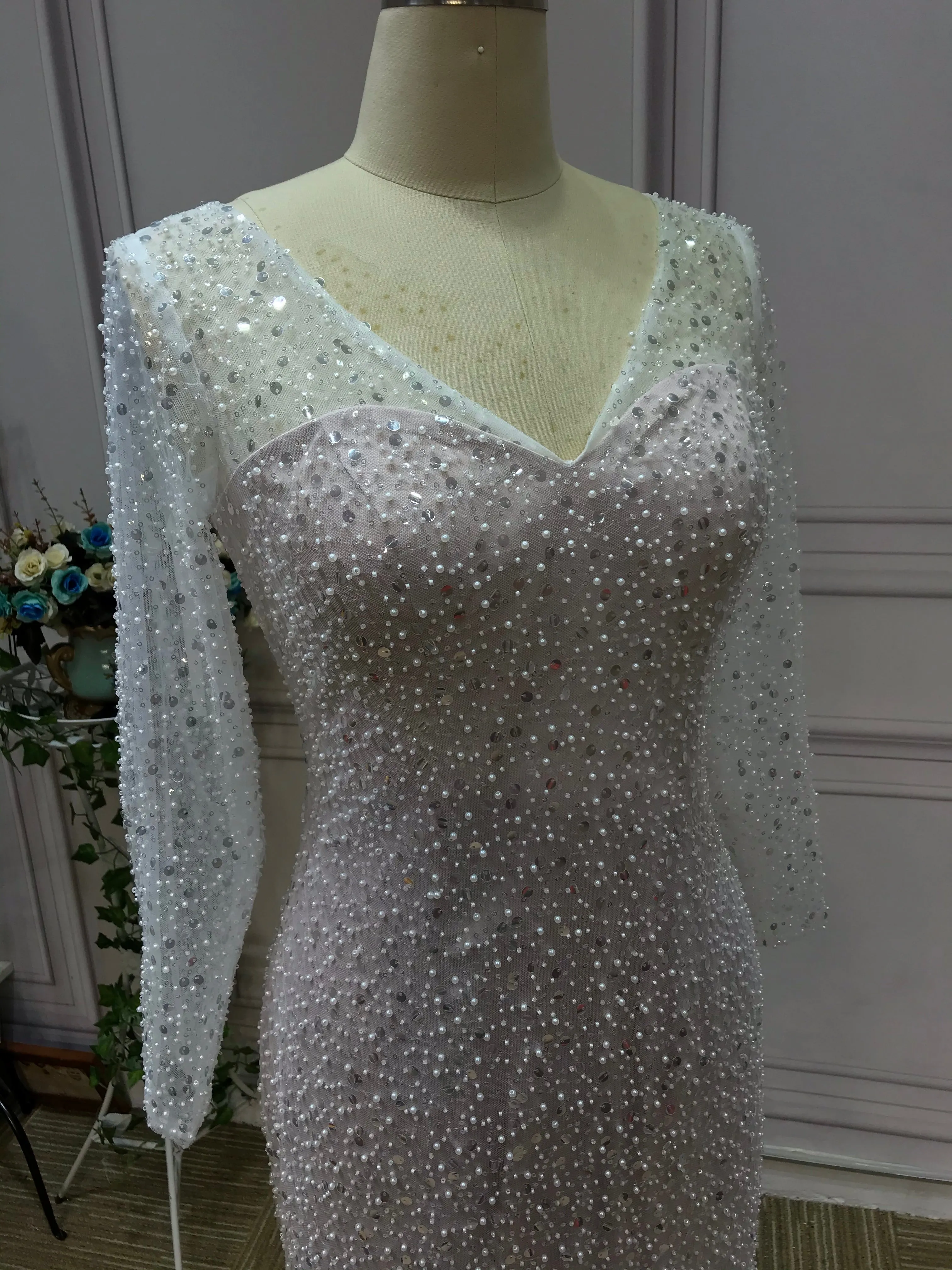 Gorgeous long sleeves heavy beaded sequins pearls dusty pink mermaid wedding dress 2021#112206