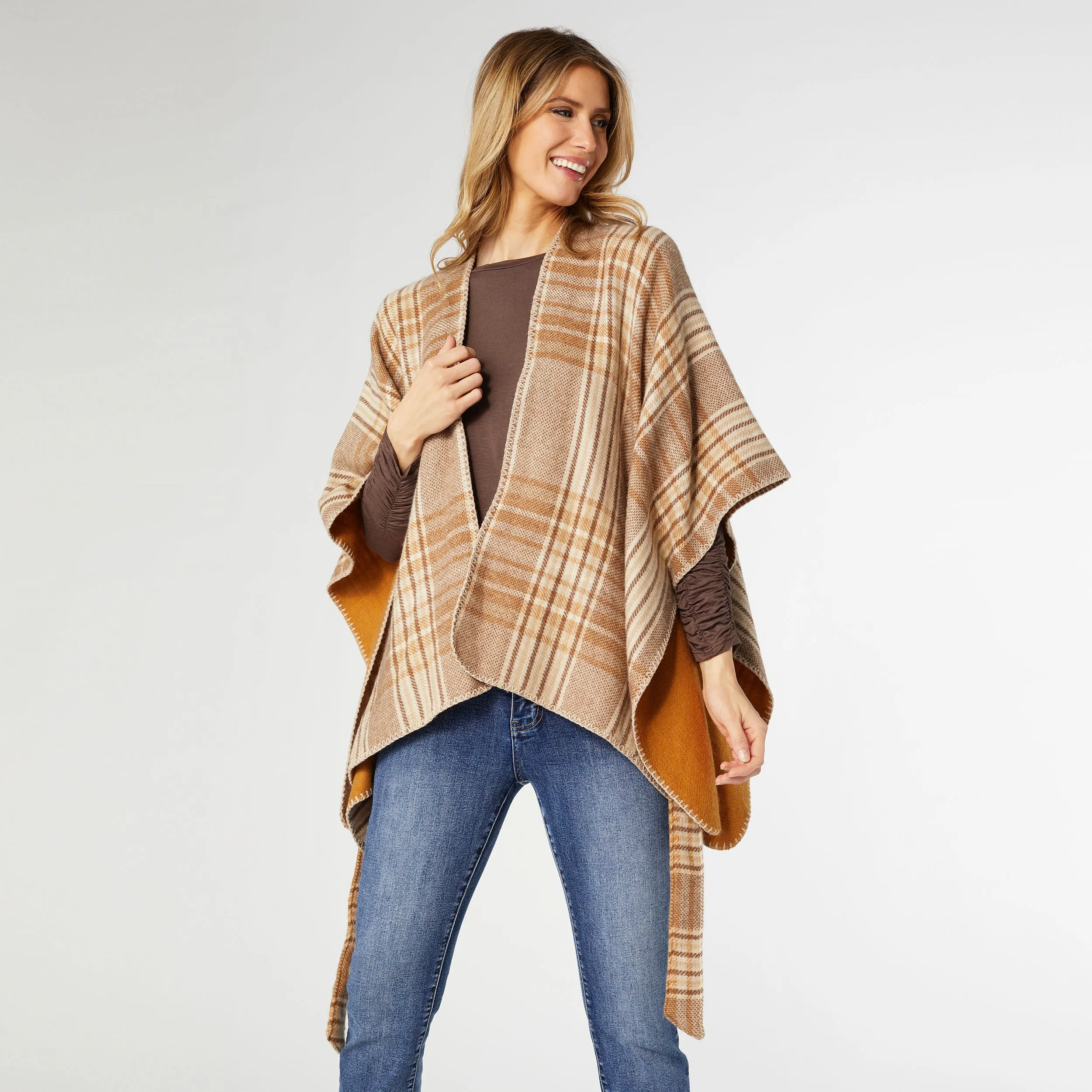 Hallie Plaid Belted Wrap - Cognac Plaid