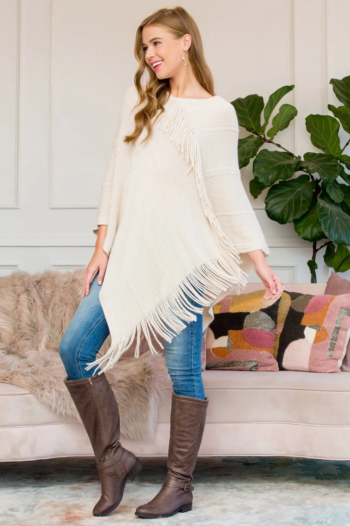 Hdf3008bg - Beige Asymmetric Fringe Poncho