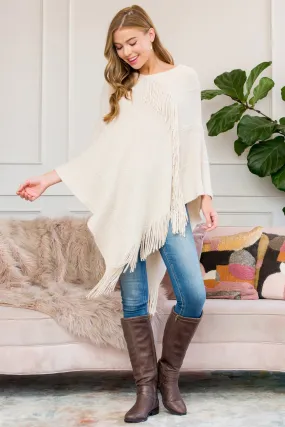 Hdf3008bg - Beige Asymmetric Fringe Poncho