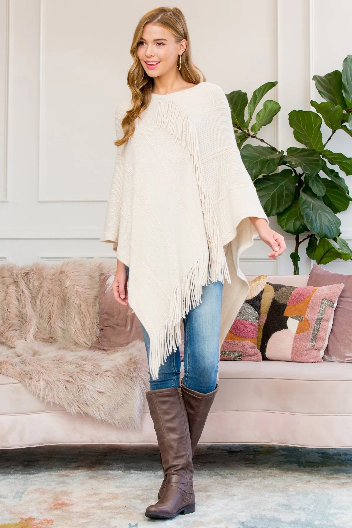 Hdf3008bg - Beige Asymmetric Fringe Poncho