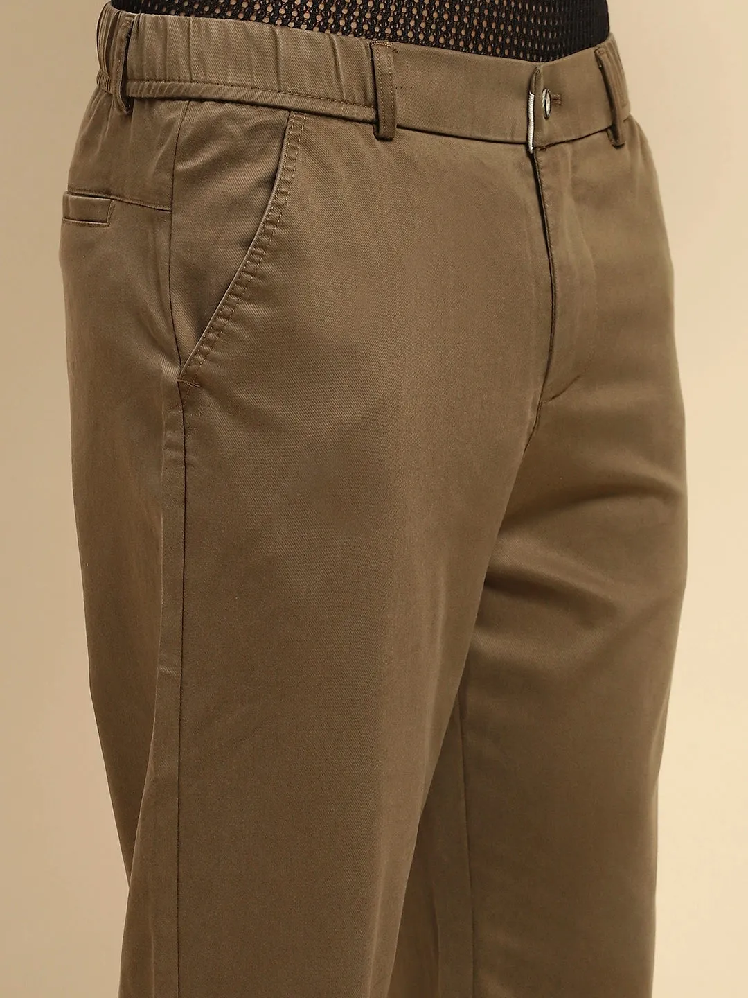 Khaki Cotton Blend Slim Fit Trouser For Men