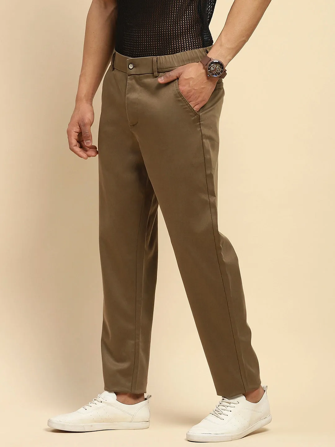 Khaki Cotton Blend Slim Fit Trouser For Men