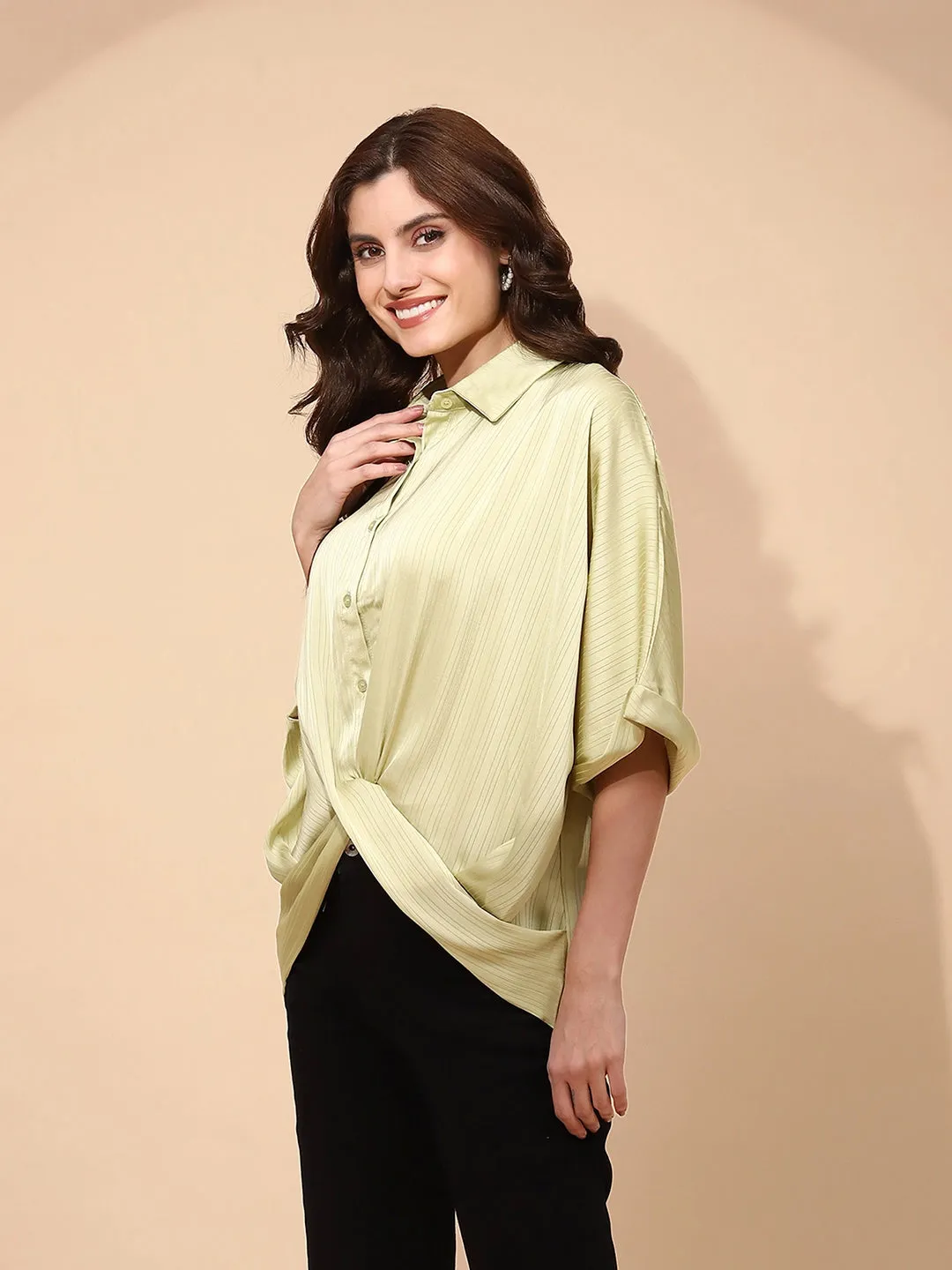 Leaf Green Polyester Blend Regular Fit Blouson Top For Women