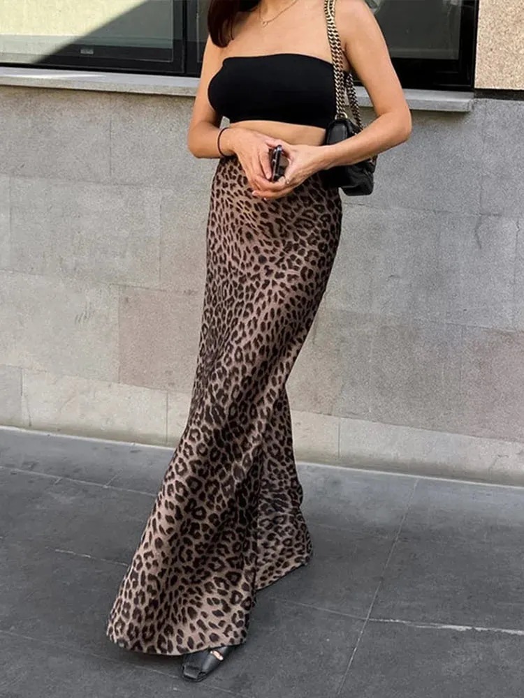 Leopard Print Street Chic Zipper Long Skirt