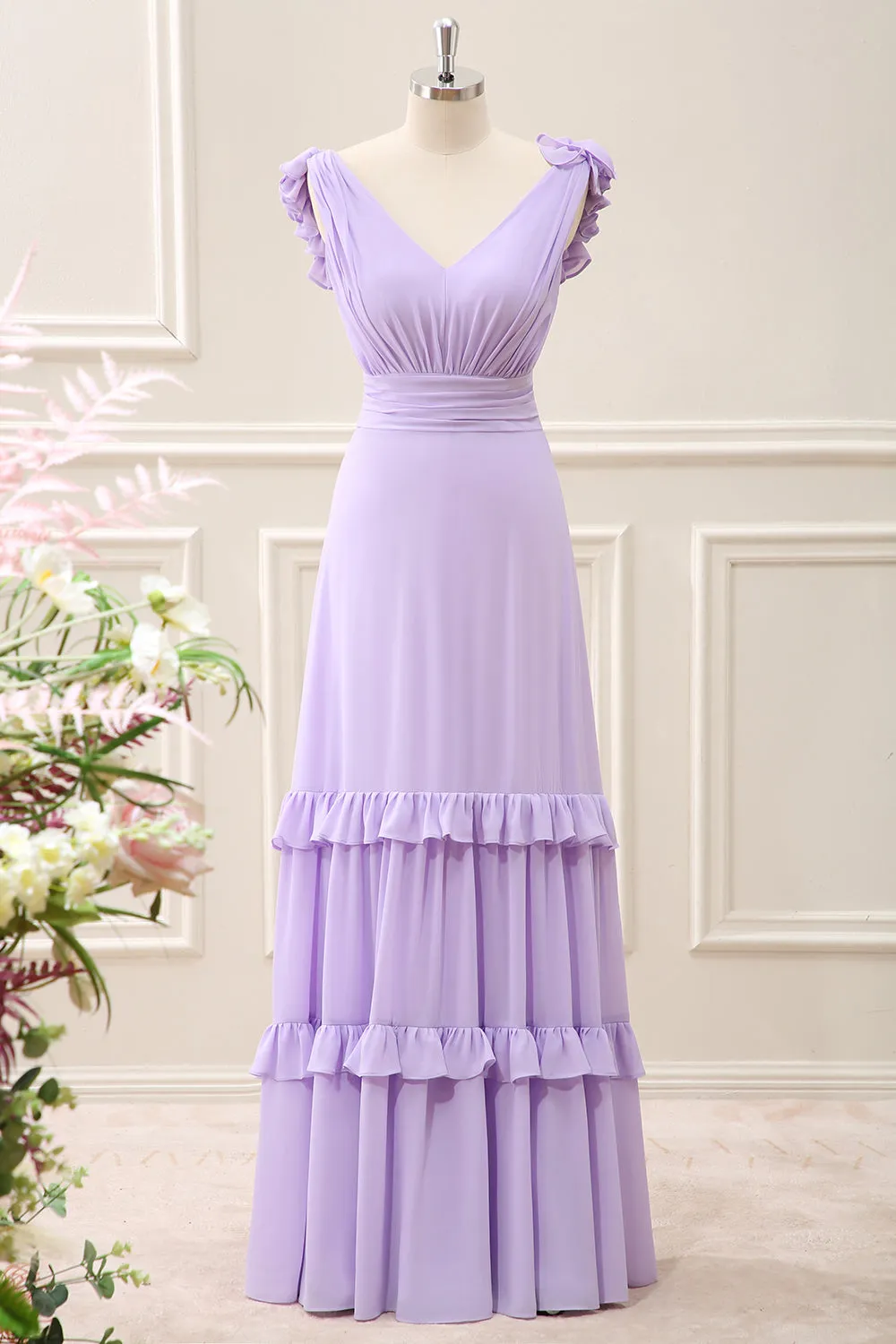 Lilac A Line Chiffon Ruched Maxi Dress with Ruffles